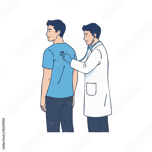 Doctor examining a patient's back with a stethoscope, medical check-up illustration