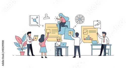 Dynamic team collaborating on a project, strategizing and planning together in a modern workspace, perfect for illustrating teamwork and business growth