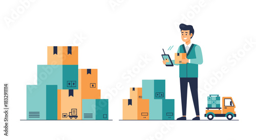 Modern logistics worker managing packages with tablet and delivery truck, perfect for supply chain, shipping, and e-commerce visuals with a clean design