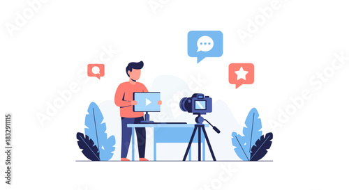 Engaging video creator livestreaming with camera and monitor, fostering community interaction and earning likes, perfect for social media marketing campaigns
