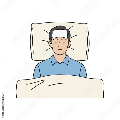 Illustrated man resting in bed with fever, cool compress on forehead, symbolizing illness, discomfort, and the need for recovery and healthcare