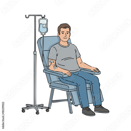 Patient receiving intravenous therapy in a chair next to an IV drip stand