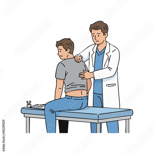 Doctor examining patient's back in clinic for diagnosis of musculoskeletal condition
