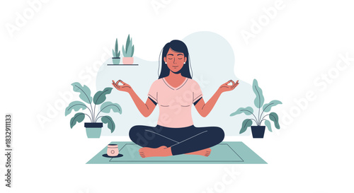 Find Your Inner Peace with Mindful Meditation at Home, Calm Woman Practicing Yoga for Wellness, Stress Relief, and Mental Health, Serene Indoor Scene