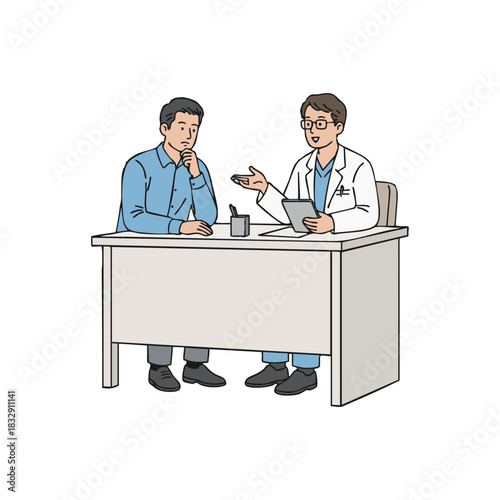 A doctor in a white coat explains a diagnosis to a male patient during a medical consultation at a clinic desk