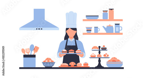 Delightful bakery scene showcasing a chef with pastries, perfect for food blogs, recipe sites, or culinary school promotions with a modern, clean design