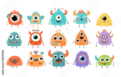 Colorful cartoon monsters set. Funny fantasy characters with or multiple eyes, horns, and playful expressions. Doodle creatures perfect for kids’ designs, stickers, posters, creative projects.
