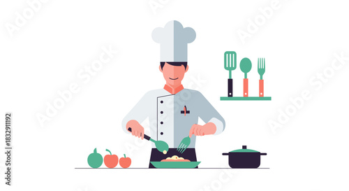Professional chef preparing a delicious dish, perfect for culinary blogs or restaurant marketing materials, offering a clean, modern food illustration style