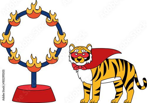 illustration of A cartoon tiger stands in front of a circus ring