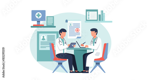 Doctors collaborating on patient care with modern technology for improved healthcare, teamwork in medicine, and professional medical consultation solutions