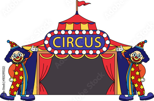 Two clowns stand in front of a circus tent