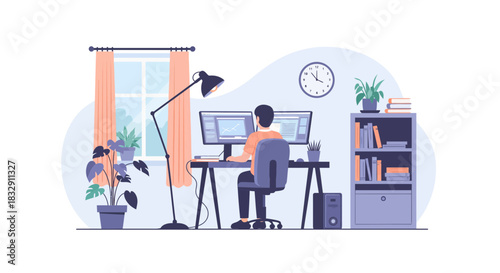 Productive creator working from a comfortable home office, designing on dual monitors, enhancing workflow and productivity with stylish décor and natural light