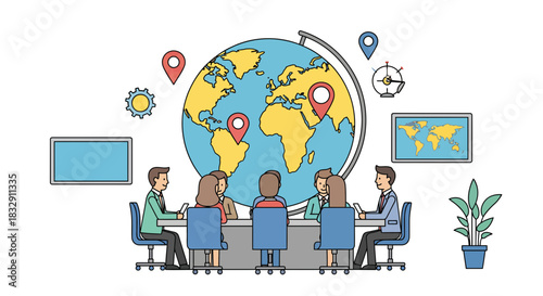 Global business team collaborating at conference table with earth globe, perfect for international strategy, partnership, and corporate meetings, modern design