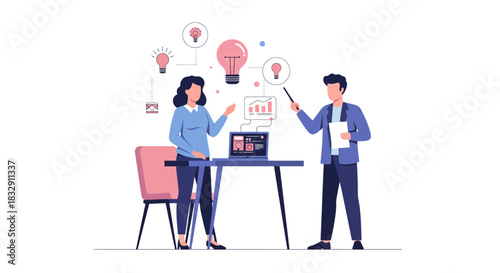 Dynamic business team collaborating on innovative ideas and data-driven insights in a modern workspace, sparking growth and success with strategic planning