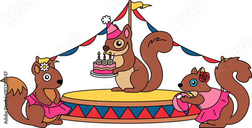 Three squirrels are on a stage