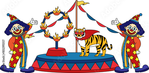 Two clowns stand next to a circus ring with a tiger