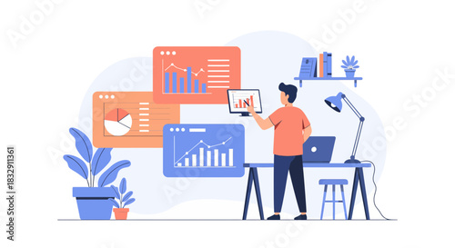 Modern professional analyzing business data charts from his home office, perfect for illustrating entrepreneurship, remote work, and financial analysis concepts