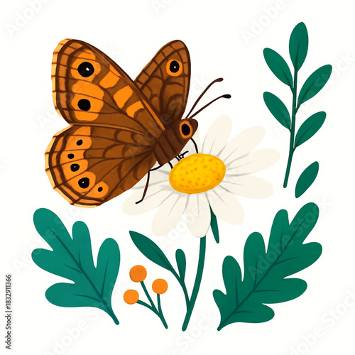 Minimalist and vibrant vector collection of different butterfly species sitting on spring and summer flowers. Flat design for digital projects, greeting cards, and nature-themed graphics.