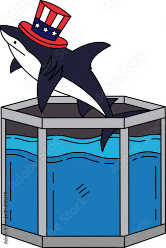 A shark in an American flag hat is in a fish tank