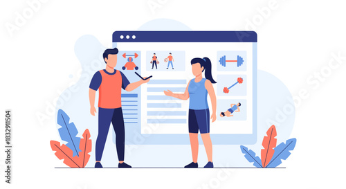 Online fitness coaching session with trainer guiding woman through workout routines, perfect for virtual wellness programs or digital fitness classes