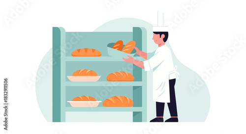 Skilled baker carefully arranging freshly baked bread loaves on bakery rack, ensuring quality and freshness, offering delicious goods for customers, bakery concept