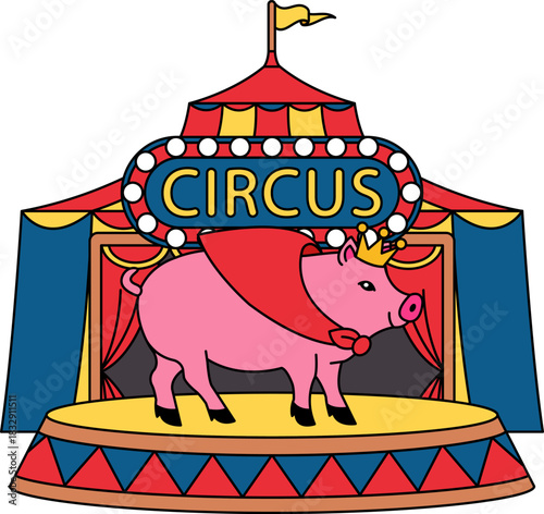 A pig is standing on a stage in front of a circus tent