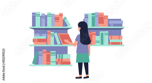 Girl Selecting a Book from Full Bookshelves in Library or Home, Promoting Education and Lifelong Learning, Perfect Visual for Academic Pursuits