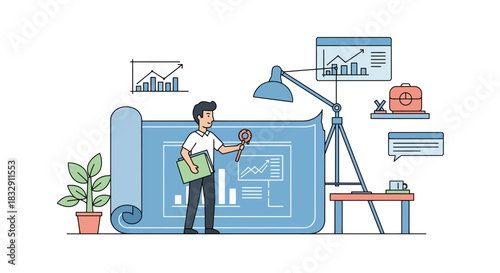 Dynamic presentation of financial data with a magnifying glass offering a modern professional perspective, perfect for illustrating business growth and analysis
