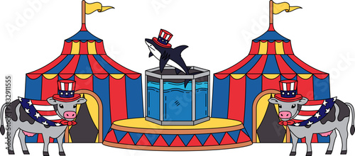 A circus tent with a whale in a tank and two cows wearing hats