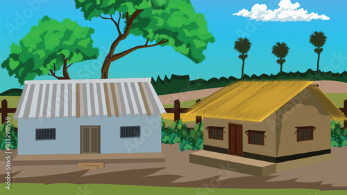 Indian Rural Village Houses with Trees and Open Courtyard