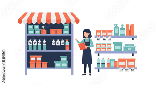 Woman managing retail inventory with price tags, perfect for small business, entrepreneurship, and local shop themes, originally a scalable graphic
