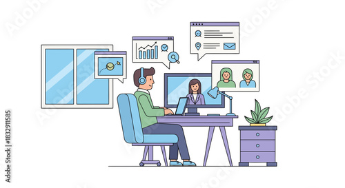 Engaging in a productive video conference call from a comfortable home office workspace, managing tasks and connecting with colleagues remotely