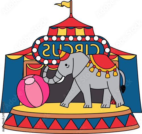 A circus tent with an elephant and a ball