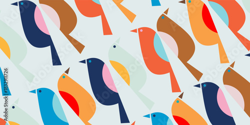 Pattern of colorful geometric birds. Vector seamless pattern of birds.
