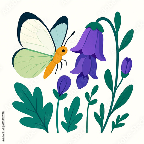 Minimalist and vibrant vector collection of different butterfly species sitting on spring and summer flowers. Flat design for digital projects, greeting cards, and nature-themed graphics.