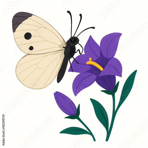 Minimalist and vibrant vector collection of different butterfly species sitting on spring and summer flowers. Flat design for digital projects, greeting cards, and nature-themed graphics.