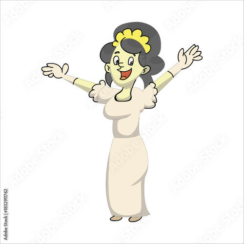 Happy cartoon bride raising both arms in excitement or waving to guests. Wedding celebration concept
