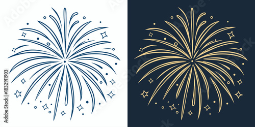 Vector fireworks on monochrome background, elegant New Year’s Eve and Christmas celebration illustration for greeting cards or banners.