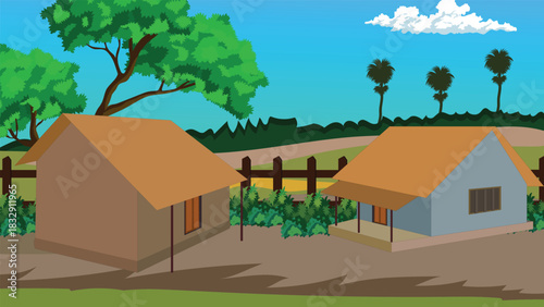 Traditional Indian Countryside Village Homes with Mud Roof Houses Green Trees and Open Yard Scene