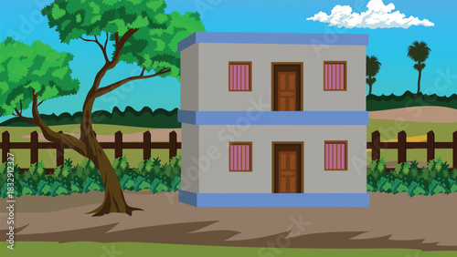 Modern Two Story Village House in Indian Countryside with Trees Fence and Open Ground Under Blue Sky