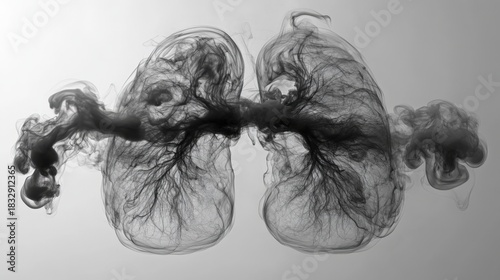 A digital artwork depicting an abstract representation of human lungs using black smoke to mimic organic structures and flow.