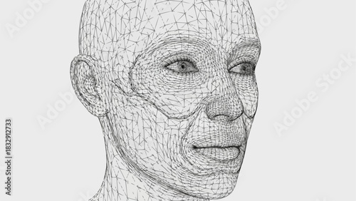Wireframe Human Face Detailed 3D Model Close Up.