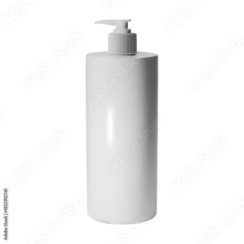 Mockup of a large bottle with pump dispenser for shampoo, shower gel or lotion. Professional presentation for cosmetics and personal care products. Flat lay front view