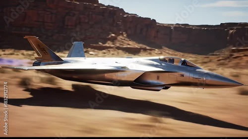 Advanced Fighter Jet Performing Low-Altitude Flight Over Arid Desert Landscape.
