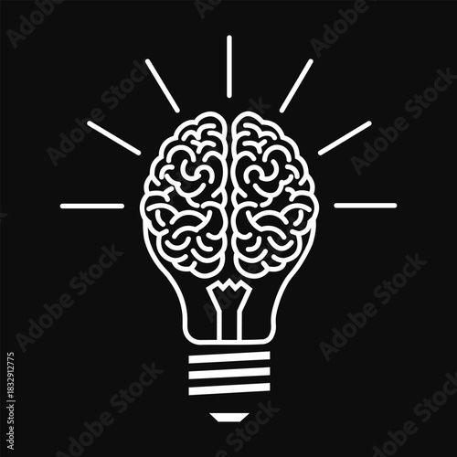 Creative Brain Idea Lightbulb Outline Icon on Black Background
