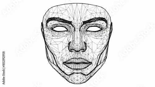 Intricate line art drawing of a geometric human face.