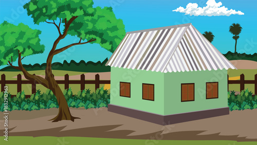 Green Tin Roof Village Home in Indian Countryside with Large Shade Tree Wooden Fence and Open Dirt Yard Under Clear Blue Sky