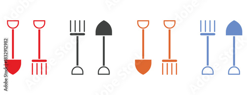 Gardening and Digging Tools Icons, Shovel and Fork in Outline and Solid Styles