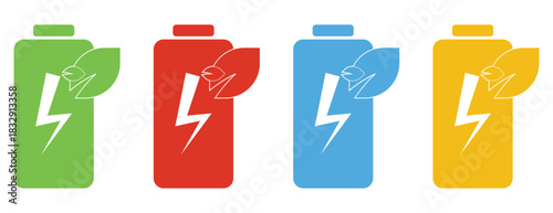 Eco Friendly Battery Icon Set with Leaf and Lightning, Clean Energy and Green Power