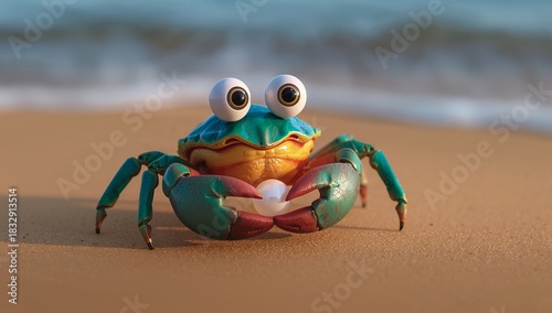 Colorful Cartoon Crab with Big Eyes on a Beach Background